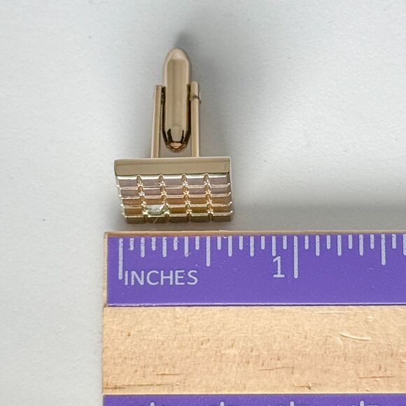 Vintage Gold Tone Cufflinks Tie Clip Set 1970s Glass Stone Wedding Formal Suit - Picture 10 of 12